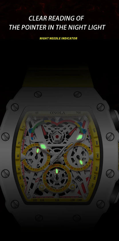 ONOLA-Montre Tonneau Étanche pour Homme, Chronographe, Quartz, dehors, Bracelet Silicone, Montre-Bracelet Blanche, Luxe, Nouvelle Mode, 2024