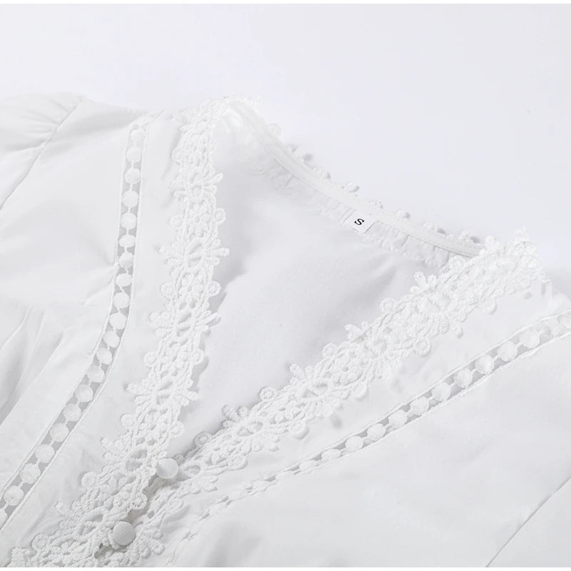 Robe longue en dentelle ajourée pour femmes, élégante, couleur unie, col en v, Patchwork, manches bouffantes, moulante, nouvelle collection printemps 2025