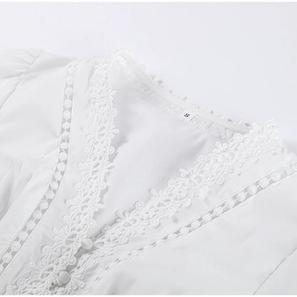 Robe longue en dentelle ajourée pour femmes, élégante, couleur unie, col en v, Patchwork, manches bouffantes, moulante, nouvelle collection printemps 2025