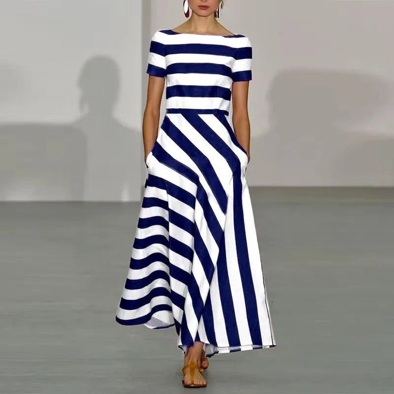 Robe élégante à rayures à manches courtes pour femmes, taille haute, ligne a, col rond, pull, vêtements d'été tendance, 2025