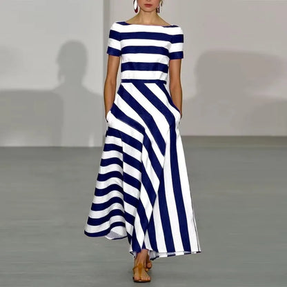 Robe élégante à rayures à manches courtes pour femmes, taille haute, ligne a, col rond, pull, vêtements d'été tendance, 2025