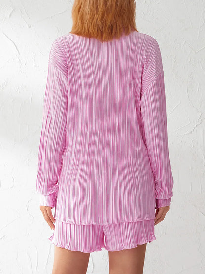 Ensemble de vêtements décontractés pour femmes, chemise froncée à manches longues, boutonnée et short, 2 pièces