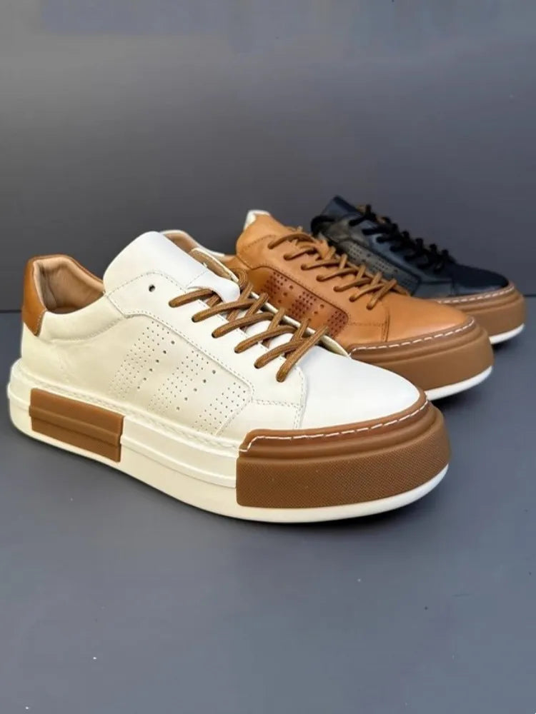 Hommes chaussures en cuir véritable à lacets couleurs mélangées plate-forme chaussures Hip Hop respirant espadrilles décontractées hommes bout rond chaussures d'entraînement