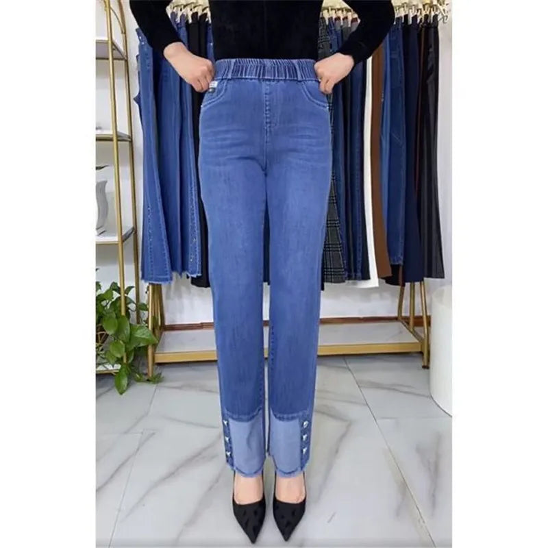 Jean femme d'âge moyen printemps automne taille extensible pantalon en Denim droit grande taille ample taille haute décontractée noir bleu pantalon