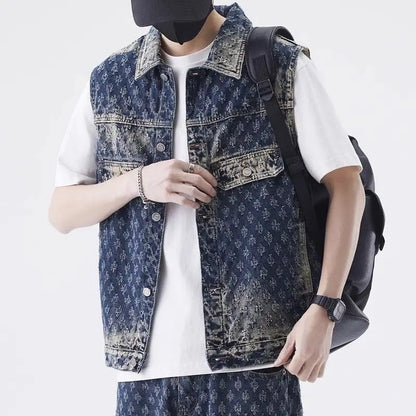 Gilet de moto en Denim pour hommes, rétro, tendance, printemps et automne, élégant, ample, Jacquard, sans manches, vêtements d'extérieur