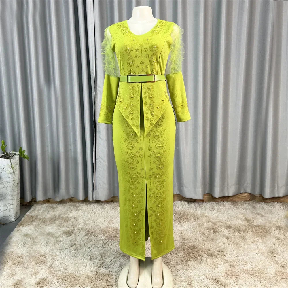 Robe longue africaine à col en v, ornée de strass, manches en maille à bulles, ajustée à la taille, fente latérale, offre spéciale