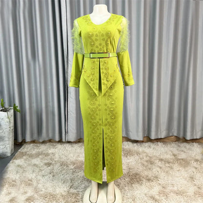 Robe longue africaine à col en v, ornée de strass, manches en maille à bulles, ajustée à la taille, fente latérale, offre spéciale