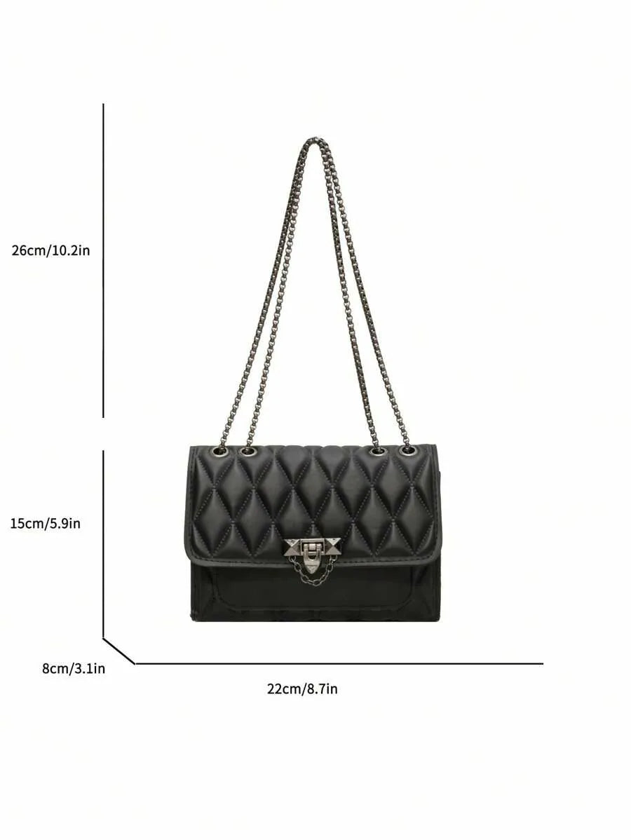 1 sac à bandoulière simple et élégant en grille de diamant, sac à bandoulière avec chaîne en métal, adapté à un usage quotidien de loisirs pour femmes-A-DH