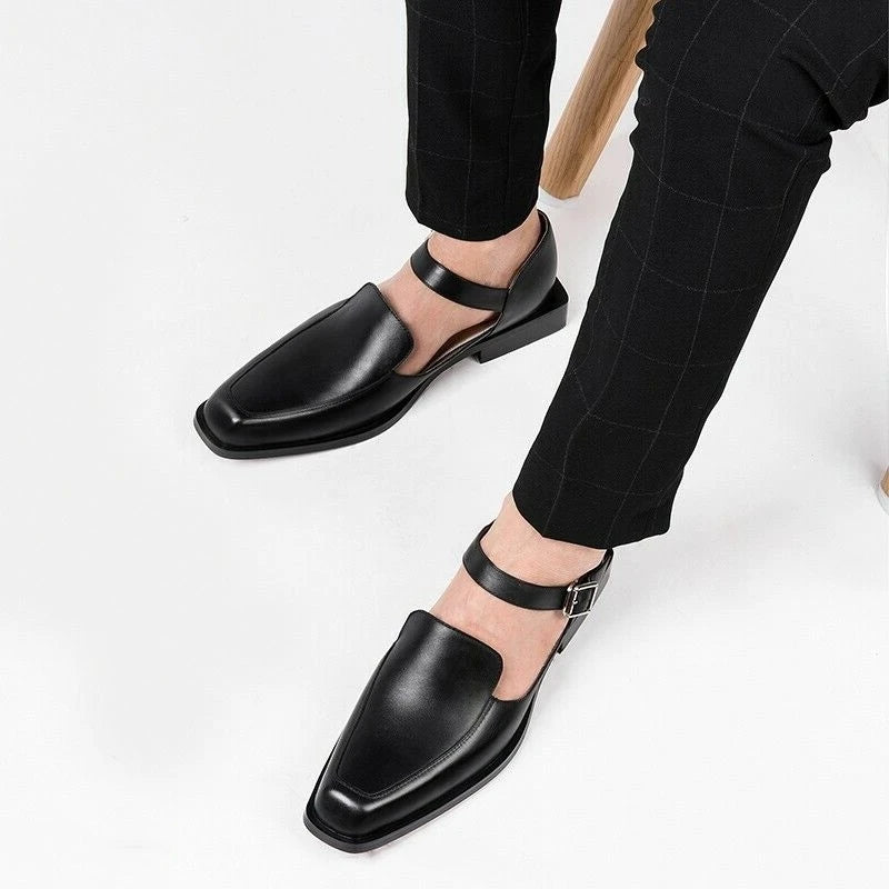 Sandales d'été noires pour hommes, chaussures habillées en cuir Pu avec sangle à boucle, chaussures formelles d'affaires, nouvelle collection