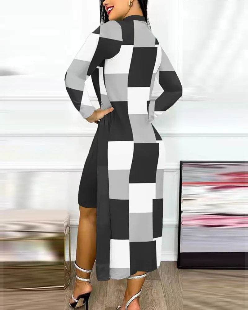 Robe décontractée à manches longues et col rond pour femme, tenue de bureau élégante, mode printemps-automne, imprimé géométrique, fente latérale, 2023