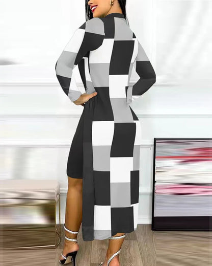 Robe décontractée à manches longues et col rond pour femme, tenue de bureau élégante, mode printemps-automne, imprimé géométrique, fente latérale, 2023