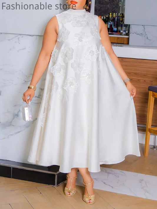 Robe de soirée décontractée pour femmes, couleur unie, col rond, sans manches, décor floral, grande balançoire