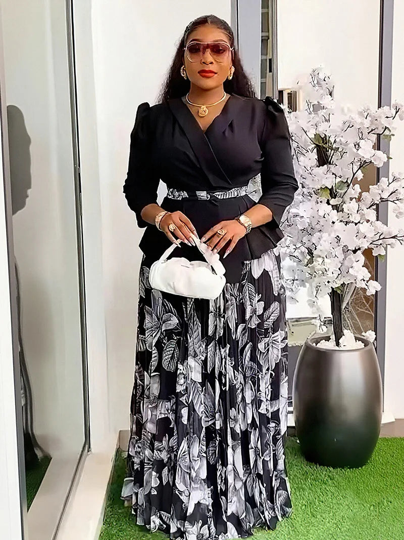 Vêtements africains 2 pièces pour femmes, mode d'été, demi-manches, col en v, haut imprimé en Polyester, jupe longue, ensembles assortis, 2025