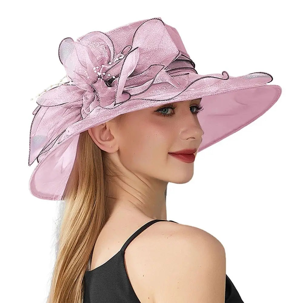 Chapeau Derby à fleurs de couleur unie pour femmes, en Organza à large bord, à volants, chapeau de soleil pliable, Protection UV, pour fête de thé, mariage
