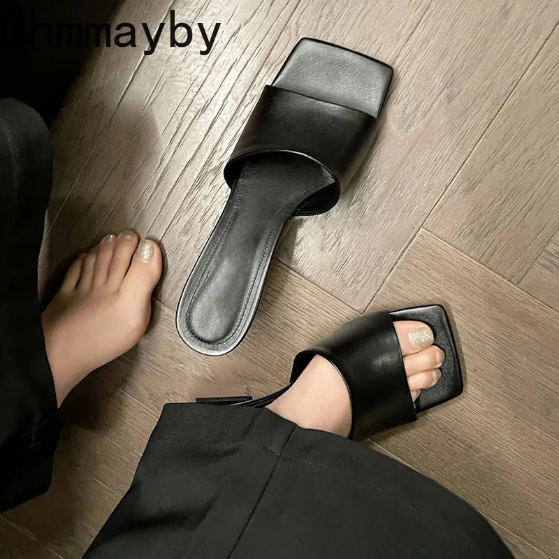 Pantoufles d'été à talons compensés pour femmes, élégantes, bout carré, diapositives à enfiler, robe d'extérieur, chaussures de Style de rue