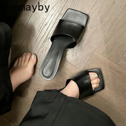 Pantoufles d'été à talons compensés pour femmes, élégantes, bout carré, diapositives à enfiler, robe d'extérieur, chaussures de Style de rue
