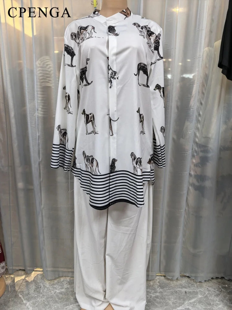 Ensemble Dashiki africain 2 pièces pour femmes, haut imprimé chien, pantalon ample, costume traditionnel, respirant, confortable, tenue décontractée, été