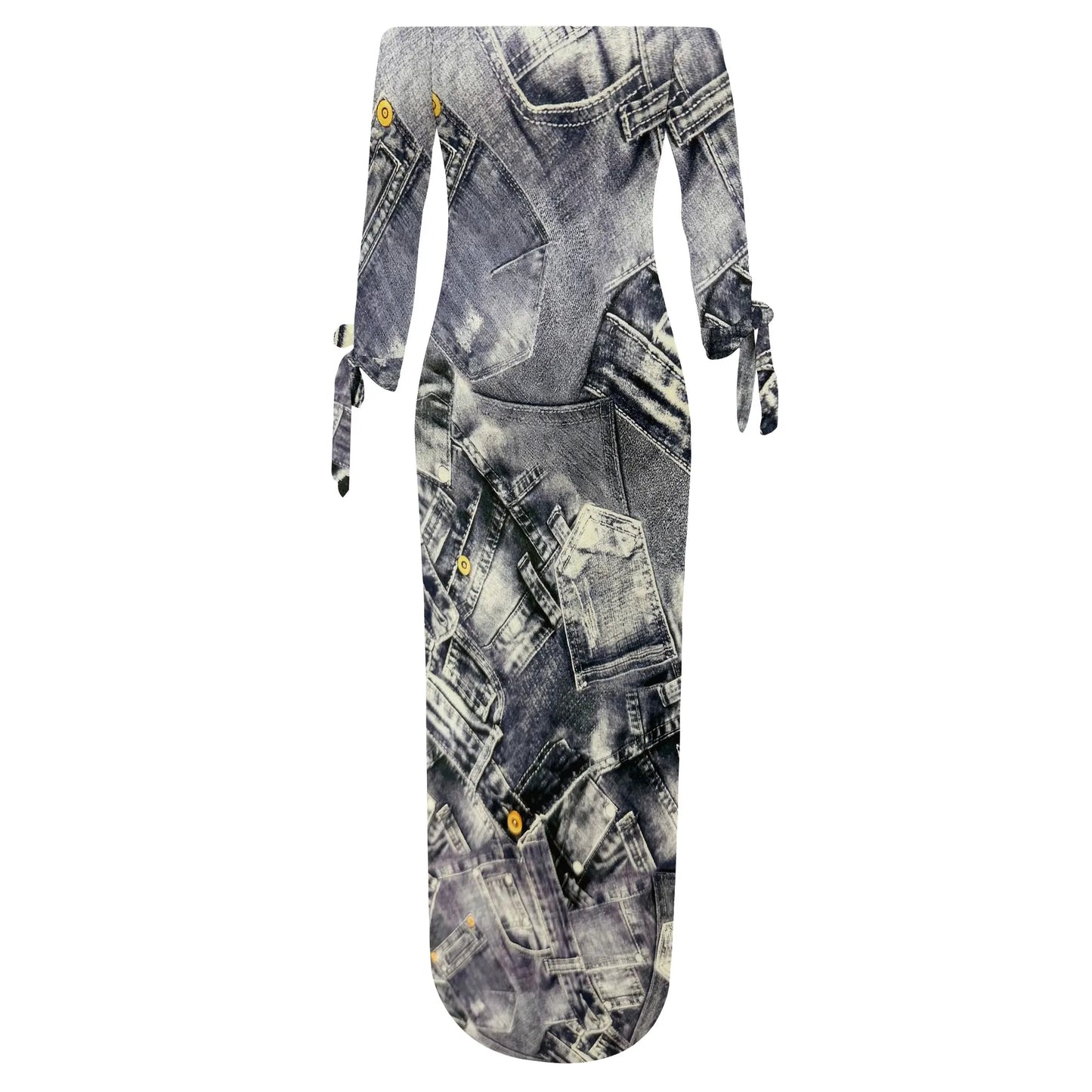 Robe en jean imprimé rétro, manches longues, coupe cintrée, élégante, décontractée, fente, col à une épaule