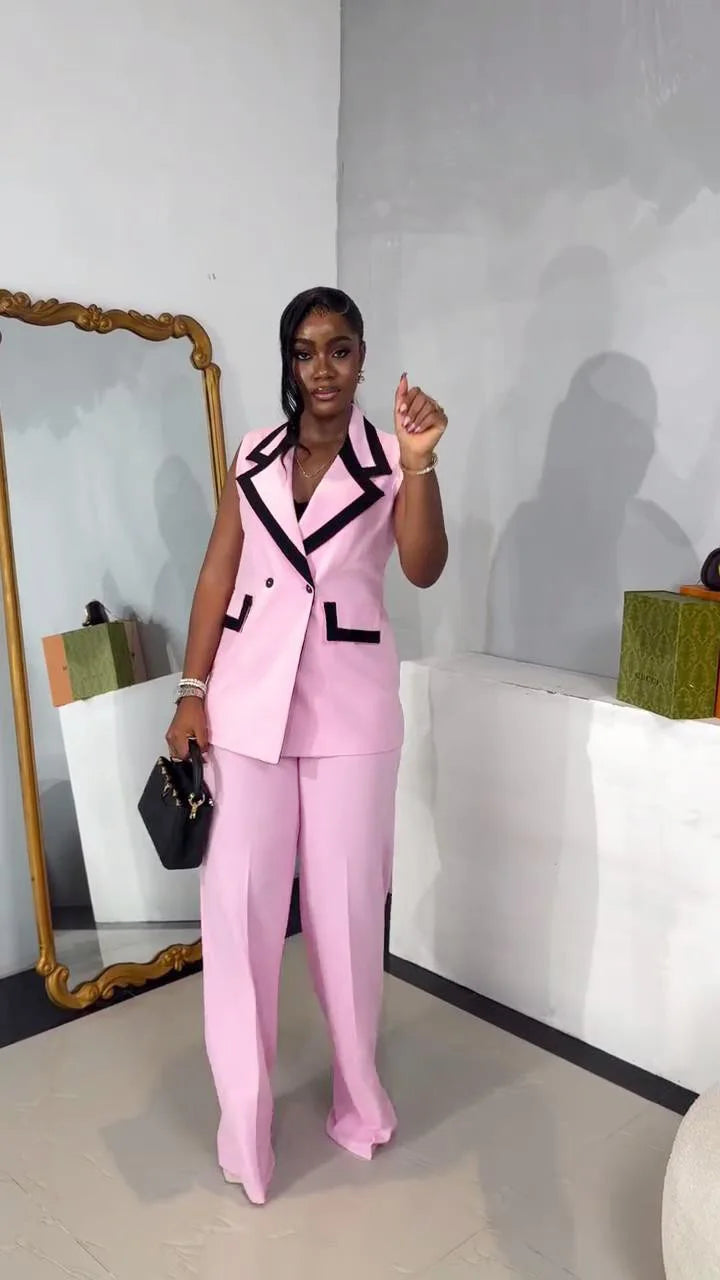 BS -  mode femmes ensemble rayé Patchwork sans manches débardeur Blazer haut et pantalon à jambes larges costume 2025 deux 2 pièces ensembles tenues