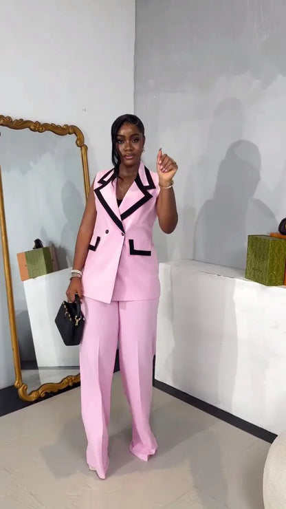 BS -  mode femmes ensemble rayé Patchwork sans manches débardeur Blazer haut et pantalon à jambes larges costume 2025 deux 2 pièces ensembles tenues