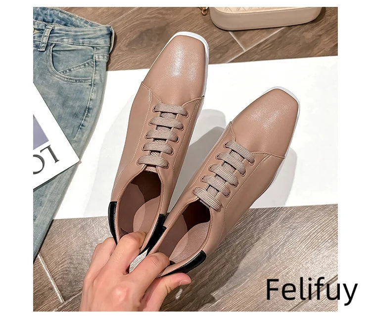 Baskets Blanches en Cuir de Vache pour Femme, Chaussures à Semelle Optique, Décontractées, à Lacets, Confortables, d'Extérieur, de Styliste, Printemps 2024