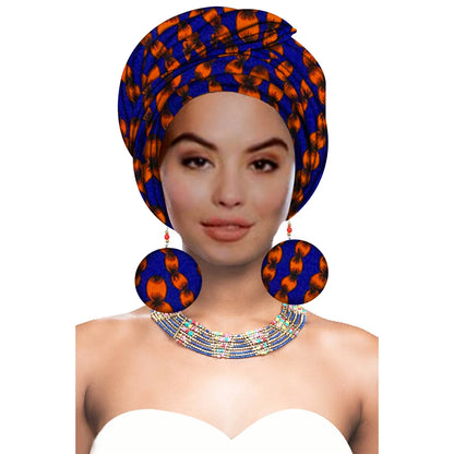 Turbans - bandeaux africains pour femme foulard africain couvre-chef nigérian avec boucle d'oreille assortie Dashiki Ankara cire S20H004