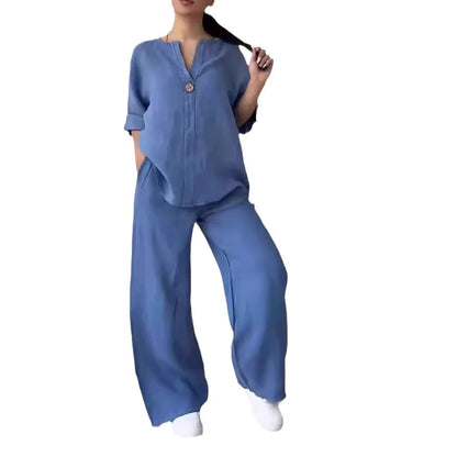 Ensemble deux 2 pièces en coton et lin, chemisier ample décontracté à manches longues et boutons, chemise et pantalon ample à jambes larges et élastiques, costumes NMD-3021
