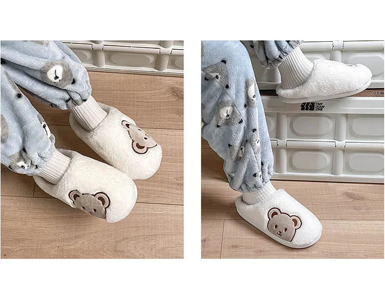 Ours en peluche pantoufles pour femmes hommes mode Kawaii moelleux hiver chaud pantoufles amoureux dessin animé ours en peluche maison chaussures TG03