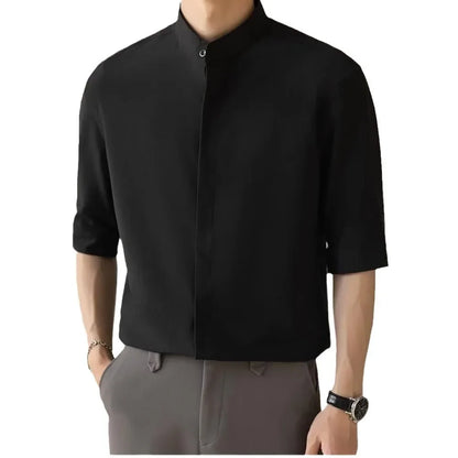 Chemise décontractée à col montant pour hommes, manches courtes, pour les déplacements professionnels, séchage rapide, coupe cintrée, haut de gamme, blanche, mode d'été, nouvelle collection