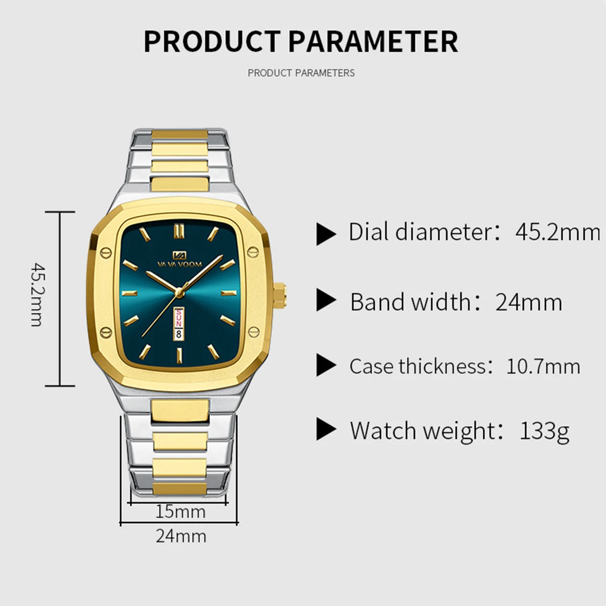 2024 Nouveaux hommes montre mode carré bracelet en acier inoxydable bleu or 3Bar Quartz semaine calendrier simulé affaires sport montre-bracelet