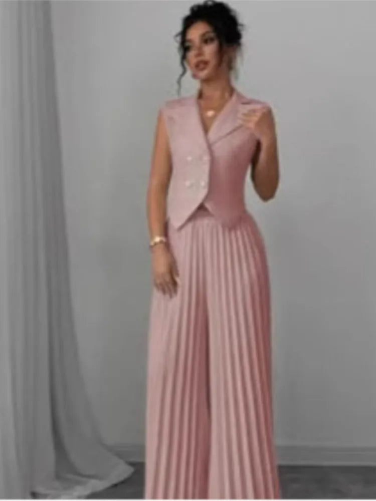 Costume de bureau pour femmes, couleur unie, décontracté, Slim, boutons, ensemble deux pièces, col rabattu, sans manches, Blazer et pantalon plissé, tenues