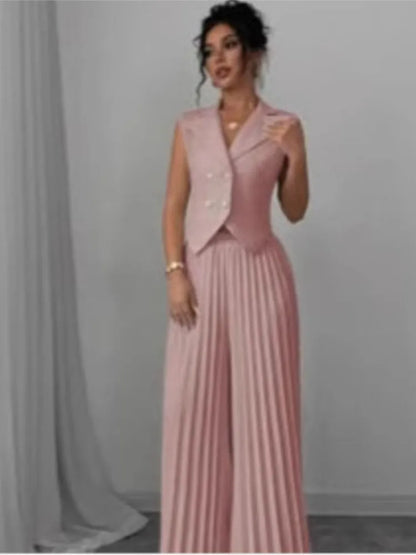 Costume de bureau pour femmes, couleur unie, décontracté, Slim, boutons, ensemble deux pièces, col rabattu, sans manches, Blazer et pantalon plissé, tenues