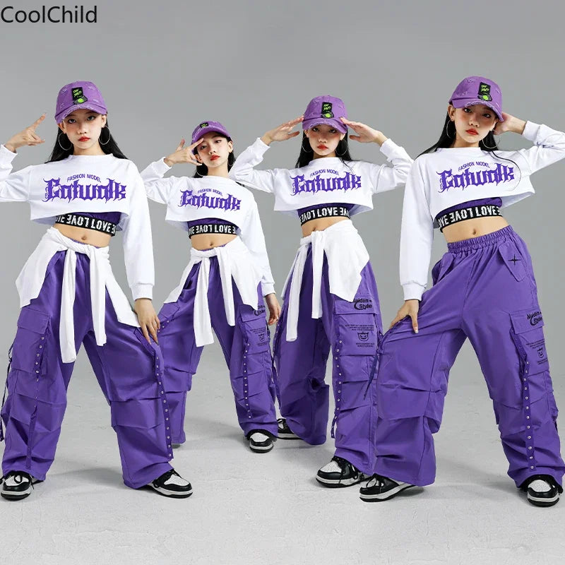 Haut court K-pop pour filles, pantalons cargo, cardigan de danse de rue pour enfants, olympiques streetwear pour enfants, ensembles de vêtements de groupe de filles Jazz
