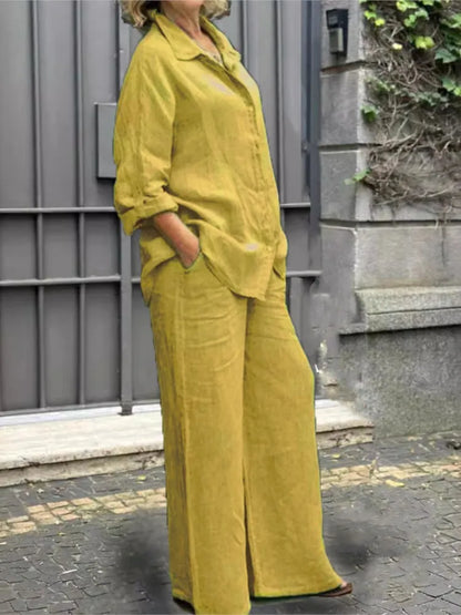 Ensemble 2 pièces en coton et lin pour femmes, chemise à manches longues, jambe large, mode féminine, bureau, printemps, automne