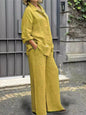Ensemble 2 pièces en coton et lin pour femmes, chemise à manches longues, jambe large, mode féminine, bureau, printemps, automne