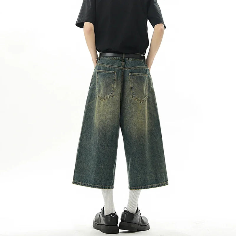 Short en Denim Baggy pour hommes, mode rétro décontractée, ample, jambes larges, longueur mollet, Streetwear Y2K, Style coréen