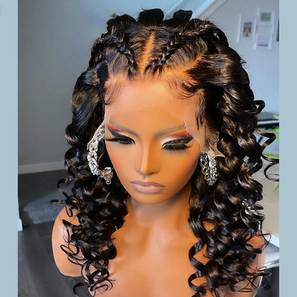 Perruque Lace Front Wig sans colle bouclée noire naturelle, cheveux de bébé, 26 longs, densité 180, deep wave, pre-plucked, degré de chaleur, pour femmes, 03/3