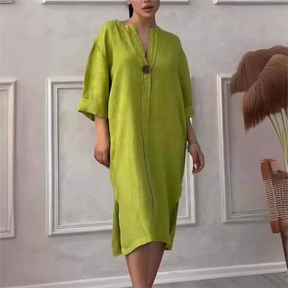 Robe pull décontractée à manches longues pour femmes, robe maxi boutonnée, col en V, fente latérale double, coton et lin, document solide, nouveau, 2024