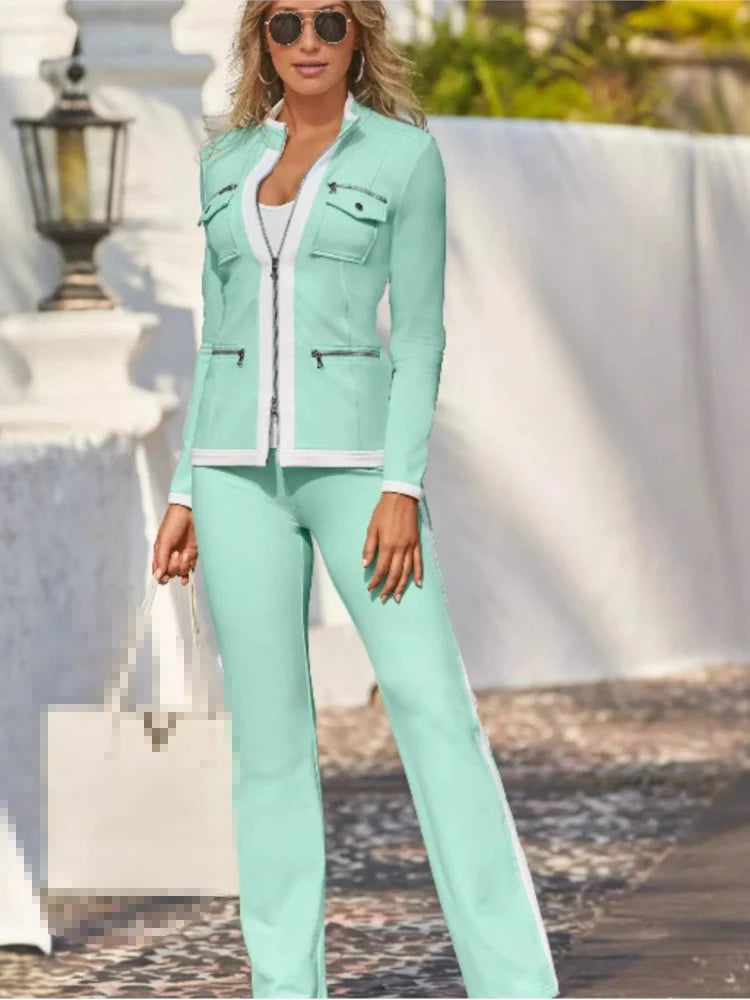 Ensemble deux pièces décontracté pour femmes, nouvelle mode, couleur unie, élégant, Slim, Simple, fermeture éclair, haut, pantalon de survêtement droit, automne et hiver