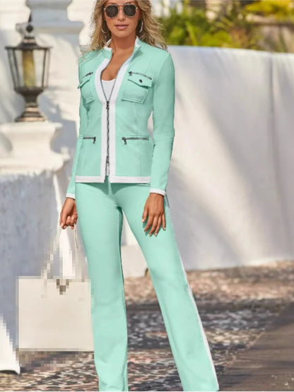 Ensemble deux pièces décontracté pour femmes, nouvelle mode, couleur unie, élégant, Slim, Simple, fermeture éclair, haut, pantalon de survêtement droit, automne et hiver