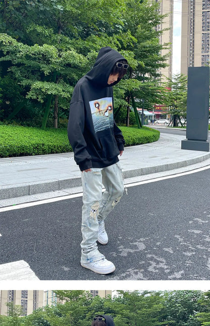 Jean à jambes larges pour homme et femme, streetwear, décontracté, déchiré, troué