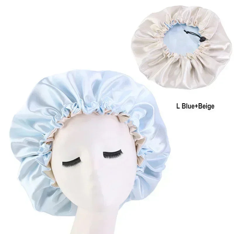 Bonnet en Satin réversible pour cheveux, Double couche réglable, couvre-tête pour dormir, accessoires de coiffure bouclés et élastiques