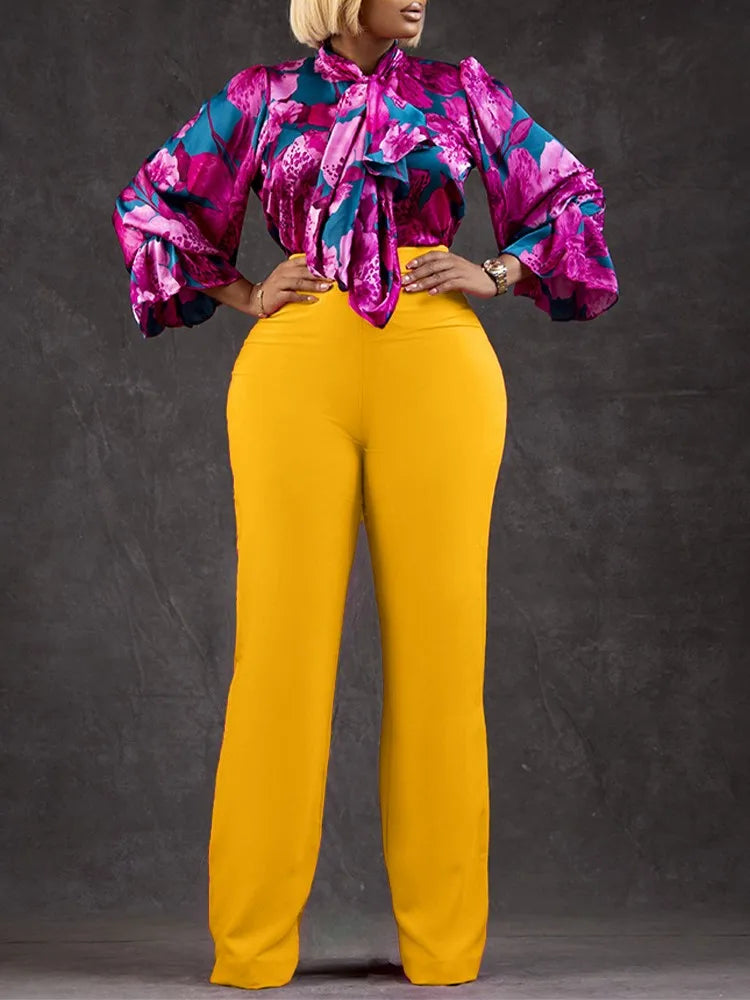 Ensemble chemise à manches longues et pantalon large pour femme, décontracté, imprimé, élégant, mode, automne, hiver, nouveau, 2 pièces