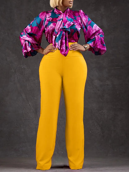 Ensemble chemise à manches longues et pantalon large pour femme, décontracté, imprimé, élégant, mode, automne, hiver, nouveau, 2 pièces