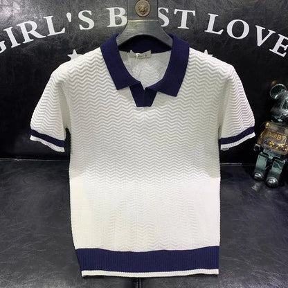 T-shirt à manches courtes en soie glacée pour hommes, pull tricoté à revers contrasté, tendance et personnalisé, décontracté, nouvelle collection été