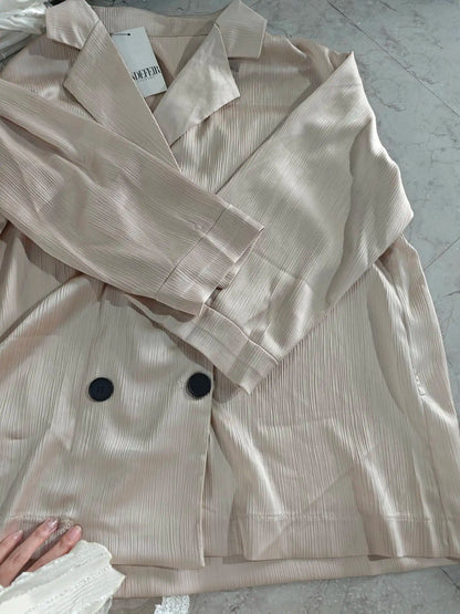 TRAFZA 2025 femmes pantalons décontractés ensemble taille haute pantalon à jambes larges + solide Beige ample glace soie Double boutonnage chemise hauts 2025 à la mode