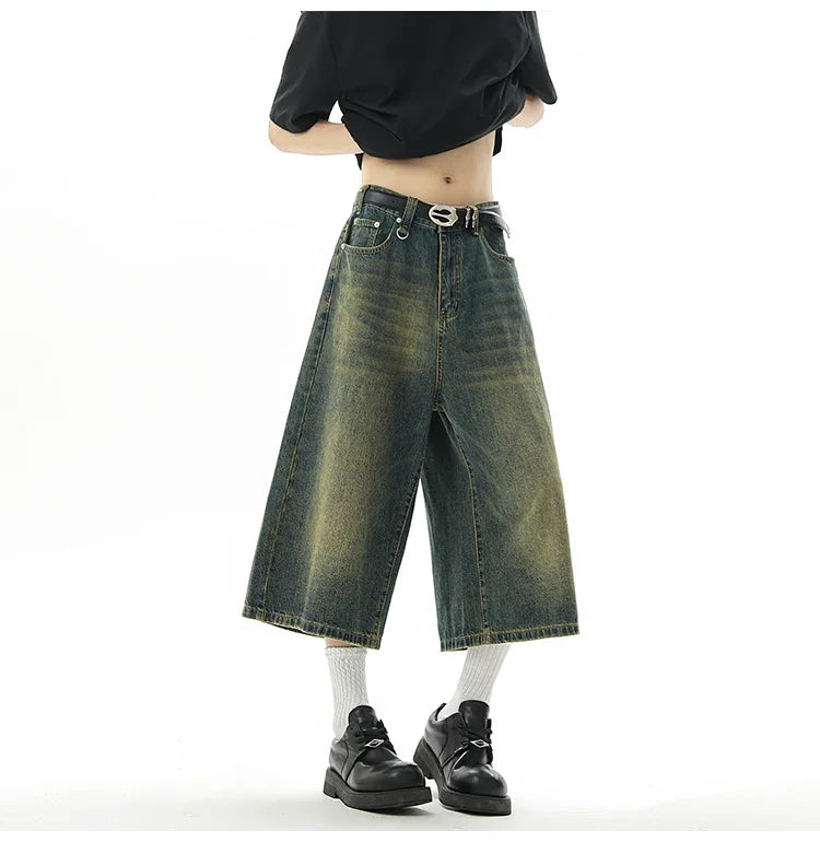 Short en Denim Baggy pour hommes, mode rétro décontractée, ample, jambes larges, longueur mollet, Streetwear Y2K, Style coréen