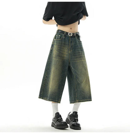 Short en Denim Baggy pour hommes, mode rétro décontractée, ample, jambes larges, longueur mollet, Streetwear Y2K, Style coréen