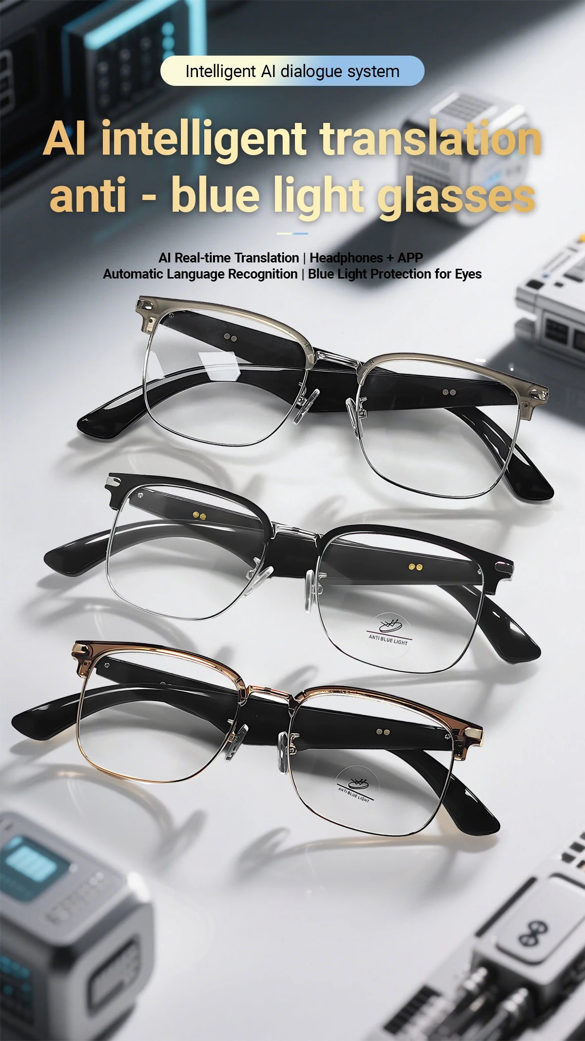 Lunettes intelligentes AI, traduction multilingue, réponse au téléphone, écouter de la musique, Protection des yeux d'été, lumière bleue, lunettes de mode