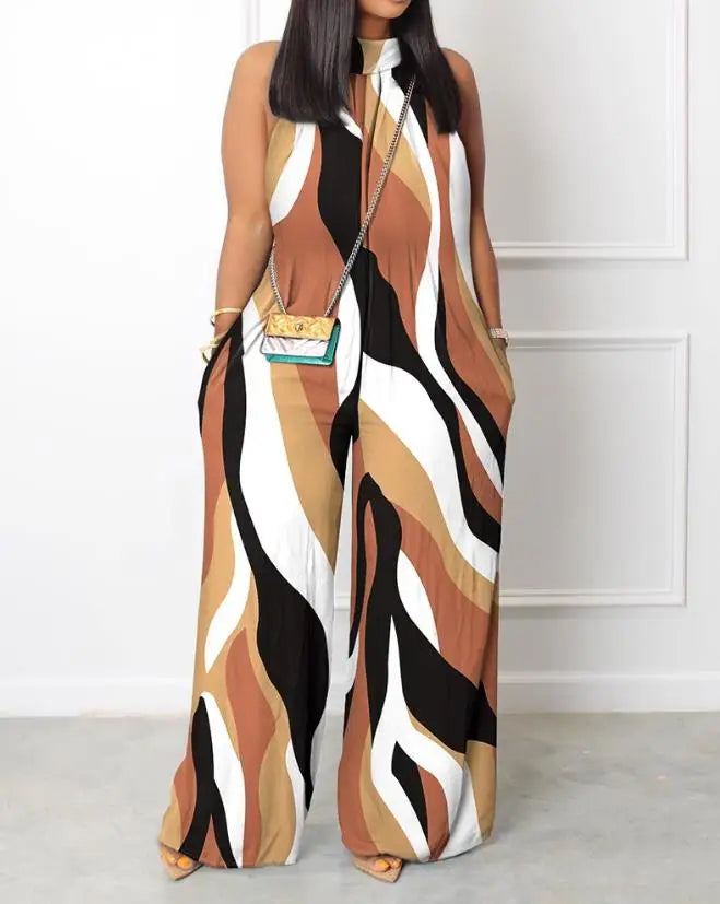 Combinaison décontractée à col montant pour femme, fibres de poche, imprimé abstrait, non commandé, jambe large, 03, 2023